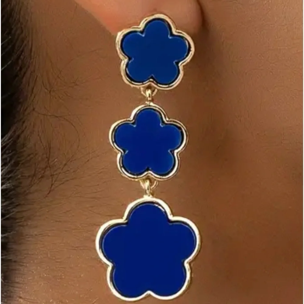 BLUE FLOWER DESIGN LONG DANGLE EARRINGS RETRO BOHEMIAN STYLE JEWELRY NEW